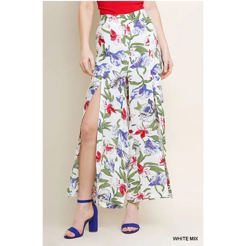Umgee Tropical Floral Print Cropped Wide Leg Split Front Pull On Pants, L